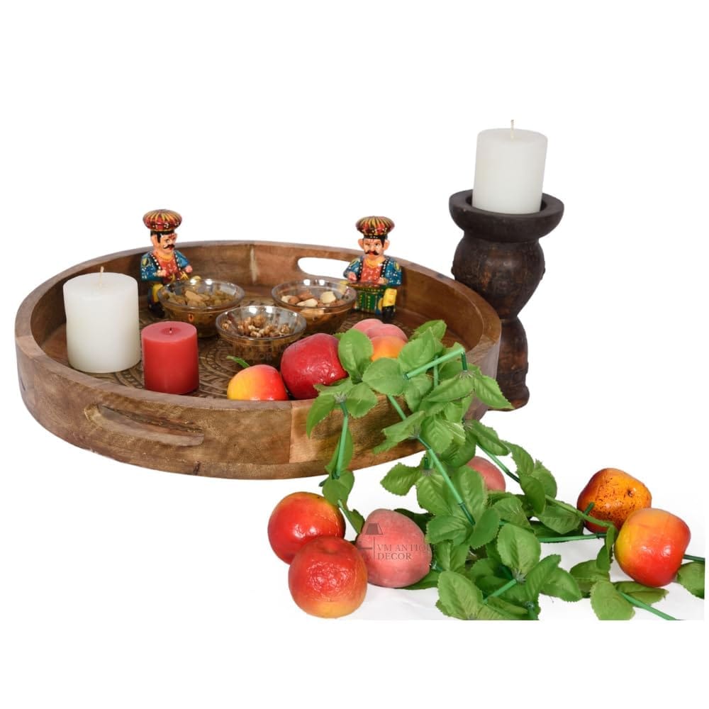 Handcrafted Wooden Round Metal Serving Tray with Intricate Carving, Rustic Design