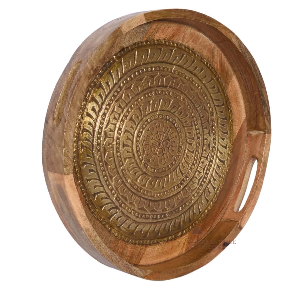 Handcrafted Wooden Round Metal Serving Tray with Intricate Carving, Rustic Design