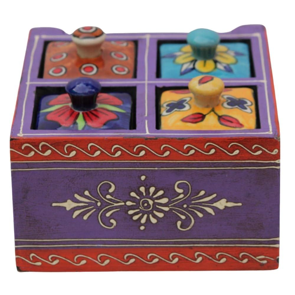 Handcrafted Painted Wooden Cabinet with Ceramic Drawers, 4 Drawer Decorative Storage Unit, 16x9x17 cm, for Jewelry, Spices, Home Decor