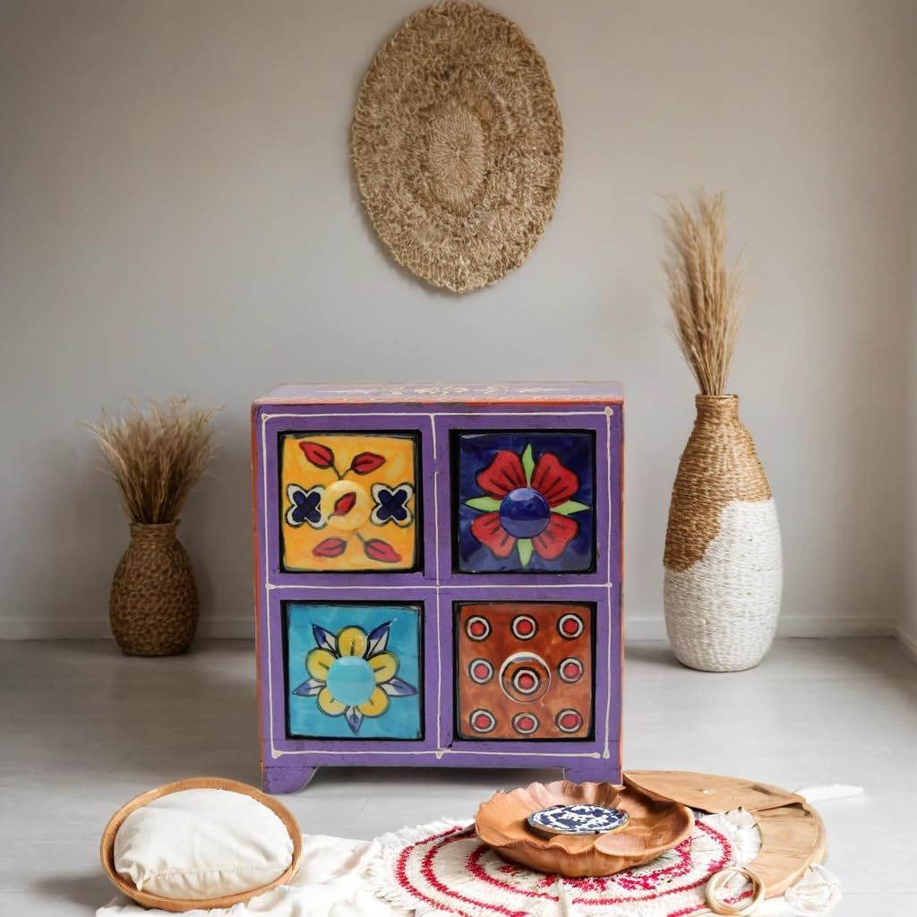 Handcrafted Painted Wooden Cabinet with Ceramic Drawers, 4 Drawer Decorative Storage Unit, 16x9x17 cm, for Jewelry, Spices, Home Decor