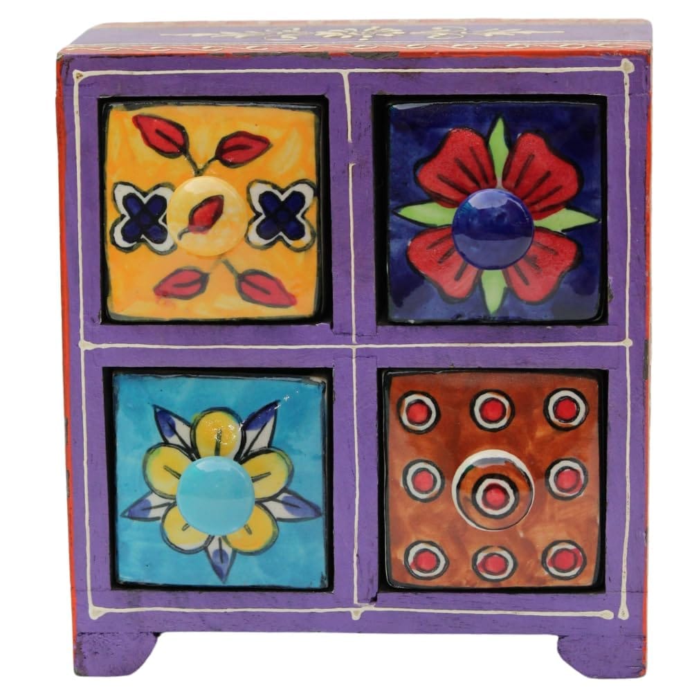 Handcrafted Painted Wooden Cabinet with Ceramic Drawers, 4 Drawer Decorative Storage Unit, 16x9x17 cm, for Jewelry, Spices, Home Decor
