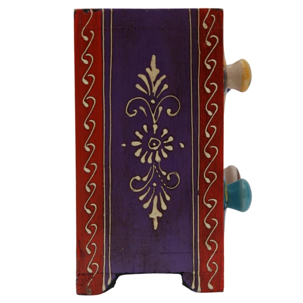 Handcrafted Painted Wooden Cabinet with Ceramic Drawers, 4 Drawer Decorative Storage Unit, 16x9x17 cm, for Jewelry, Spices, Home Decor