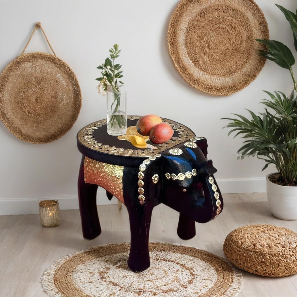 Handcrafted Wooden Black Elephant Stool Table with Brass Accents, for Home Decor