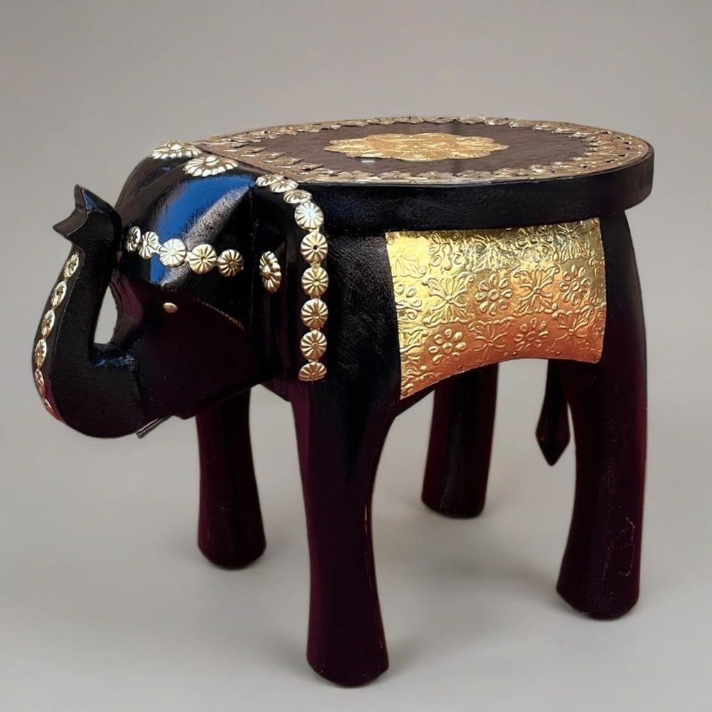Handcrafted Wooden Black Elephant Stool Table with Brass Accents, for Home Decor