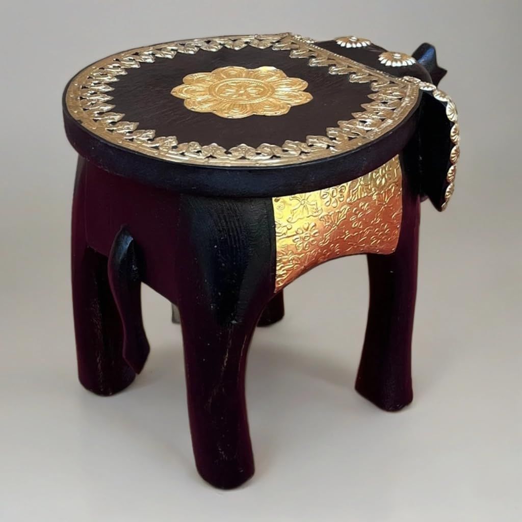 Handcrafted Wooden Black Elephant Stool Table with Brass Accents, for Home Decor