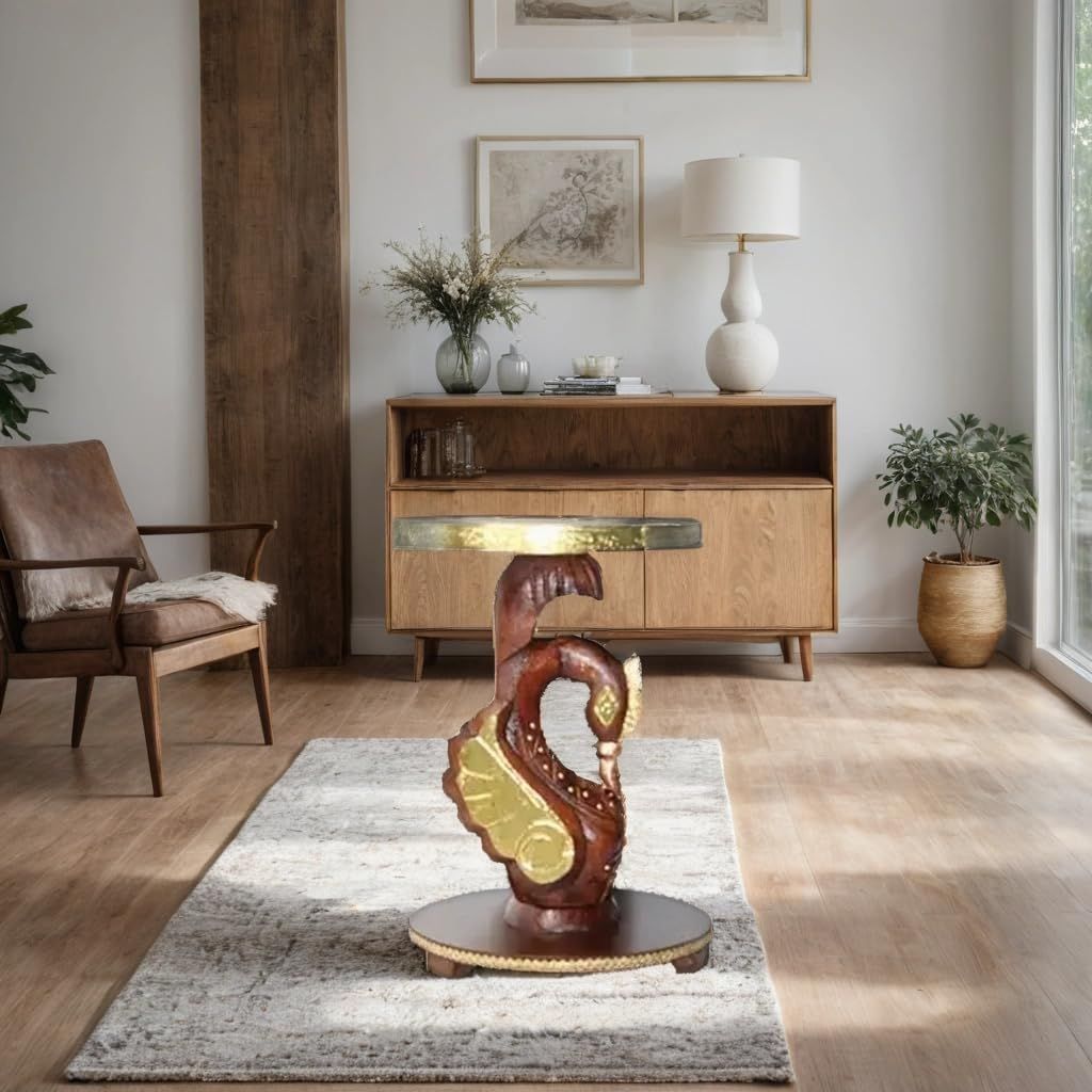 Handcrafted Wooden Swan-Shaped Side Table with Brass Accents, 30x30x43 cm, Unique Decorative Table