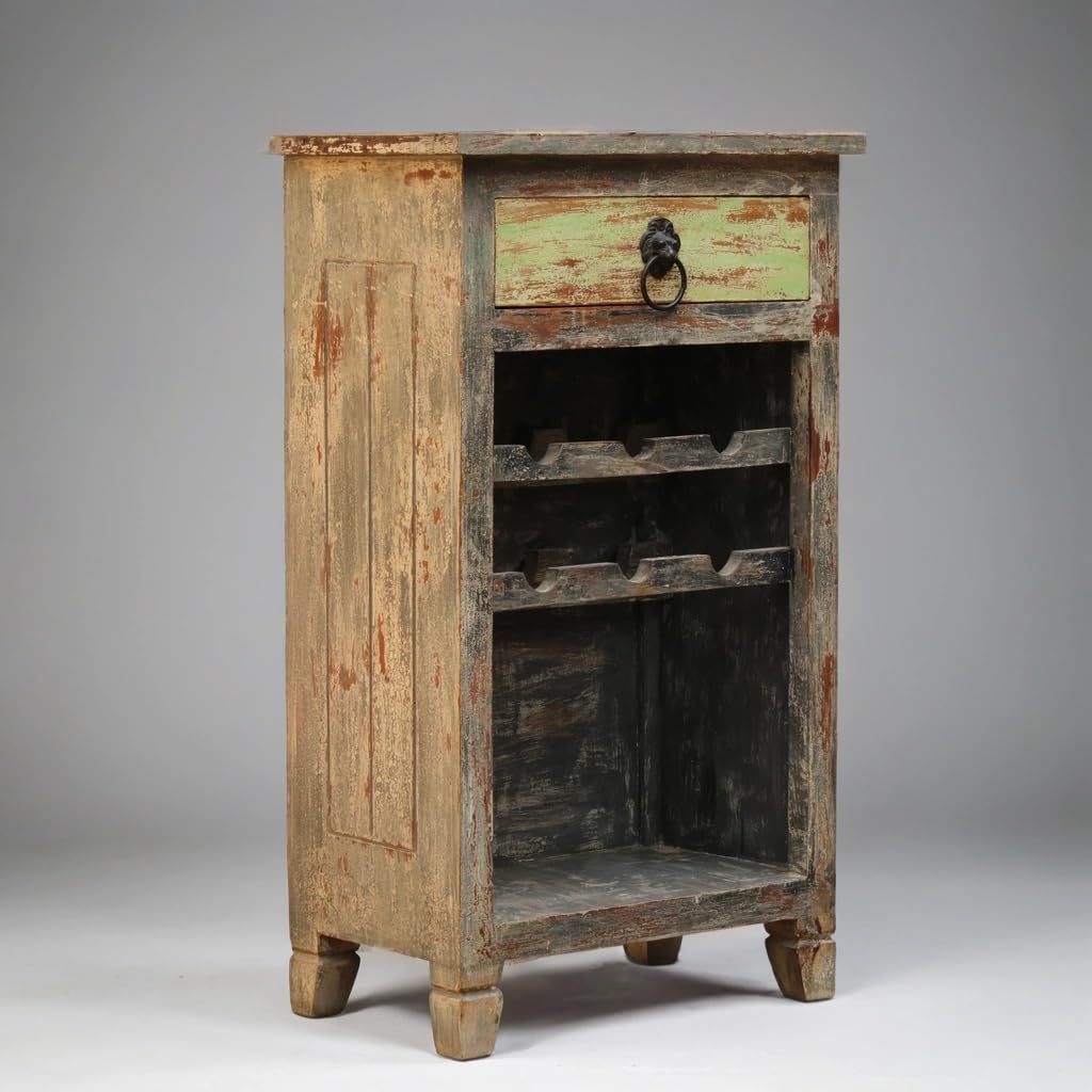 Wooden Wine Holder Side Table with Antique Polish, 50x30x85 cm, for Home, Caf�, Bar, Farmhouse