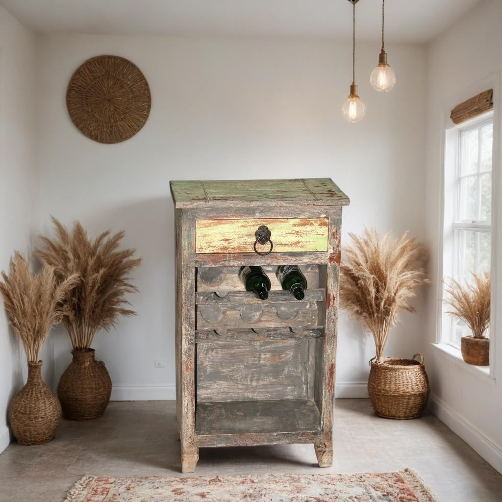 Wooden Wine Holder Side Table with Antique Polish, 50x30x85 cm, for Home, Caf�, Bar, Farmhouse
