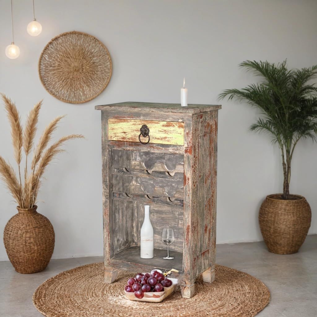 Wooden Wine Holder Side Table with Antique Polish, 50x30x85 cm, for Home, Caf�, Bar, Farmhouse