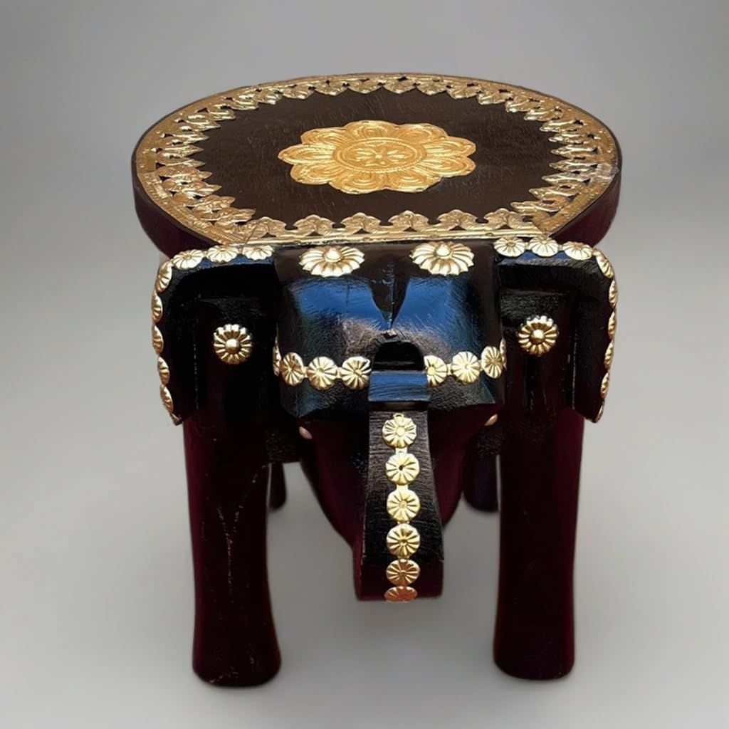 Handcrafted Wooden Black Elephant Stool Table with Brass Accents, for Home Decor