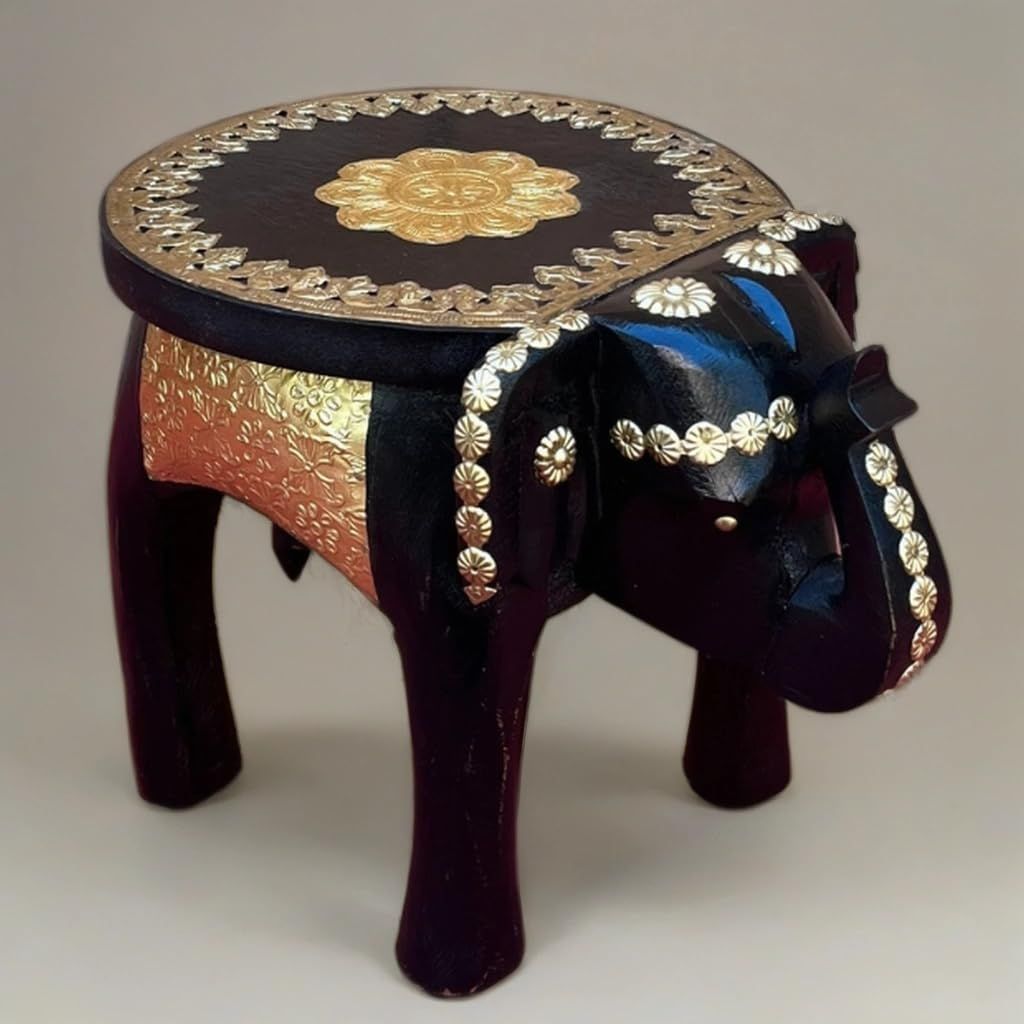 Handcrafted Wooden Black Elephant Stool Table with Brass Accents, for Home Decor