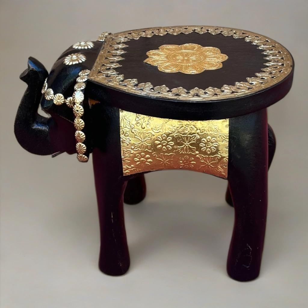 Handcrafted Wooden Black Elephant Stool Table with Brass Accents, for Home Decor