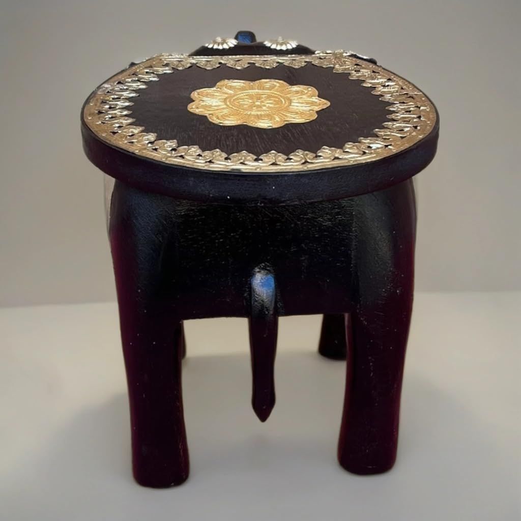 Handcrafted Wooden Black Elephant Stool Table with Brass Accents, for Home Decor