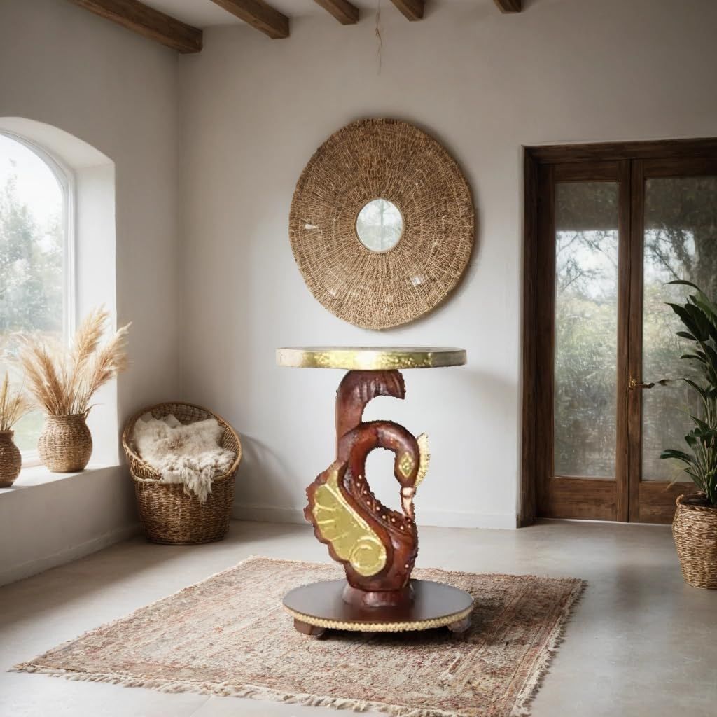 Handcrafted Wooden Swan-Shaped Side Table with Brass Accents, 30x30x43 cm, Unique Decorative Table