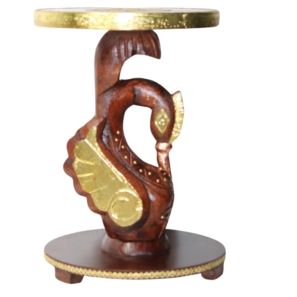 Handcrafted Wooden Swan-Shaped Side Table with Brass Accents, 30x30x43 cm, Unique Decorative Table