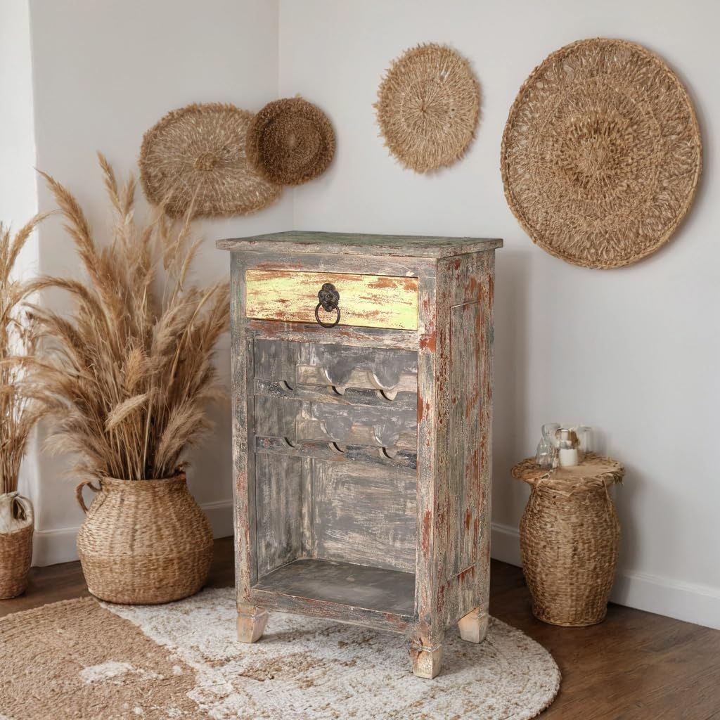 Wooden Wine Holder Side Table with Antique Polish, 50x30x85 cm, for Home, Caf�, Bar, Farmhouse