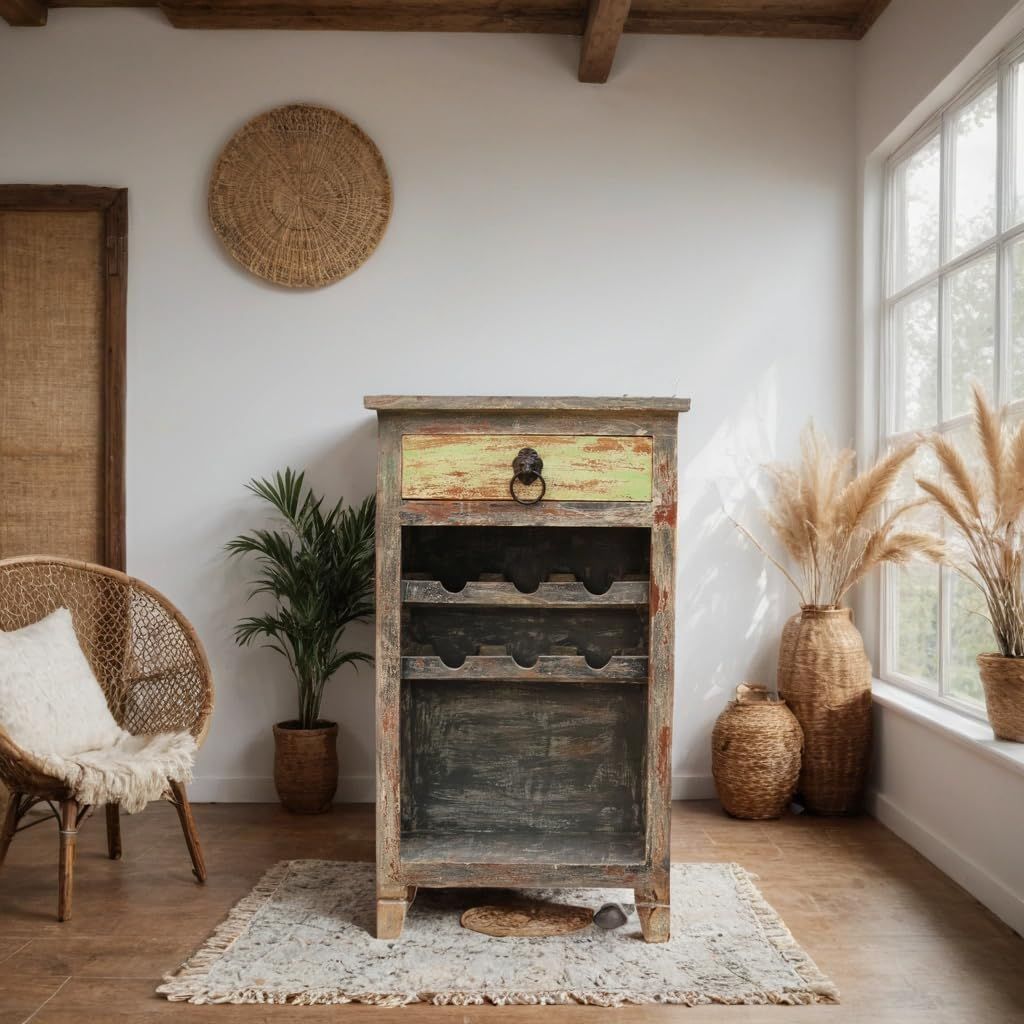 Wooden Wine Holder Side Table with Antique Polish, 50x30x85 cm, for Home, Caf�, Bar, Farmhouse