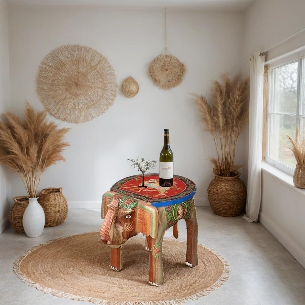 Dhola Maru Hand-Painted Wooden Elephant Stool Table, 35x 30 x 30 cm