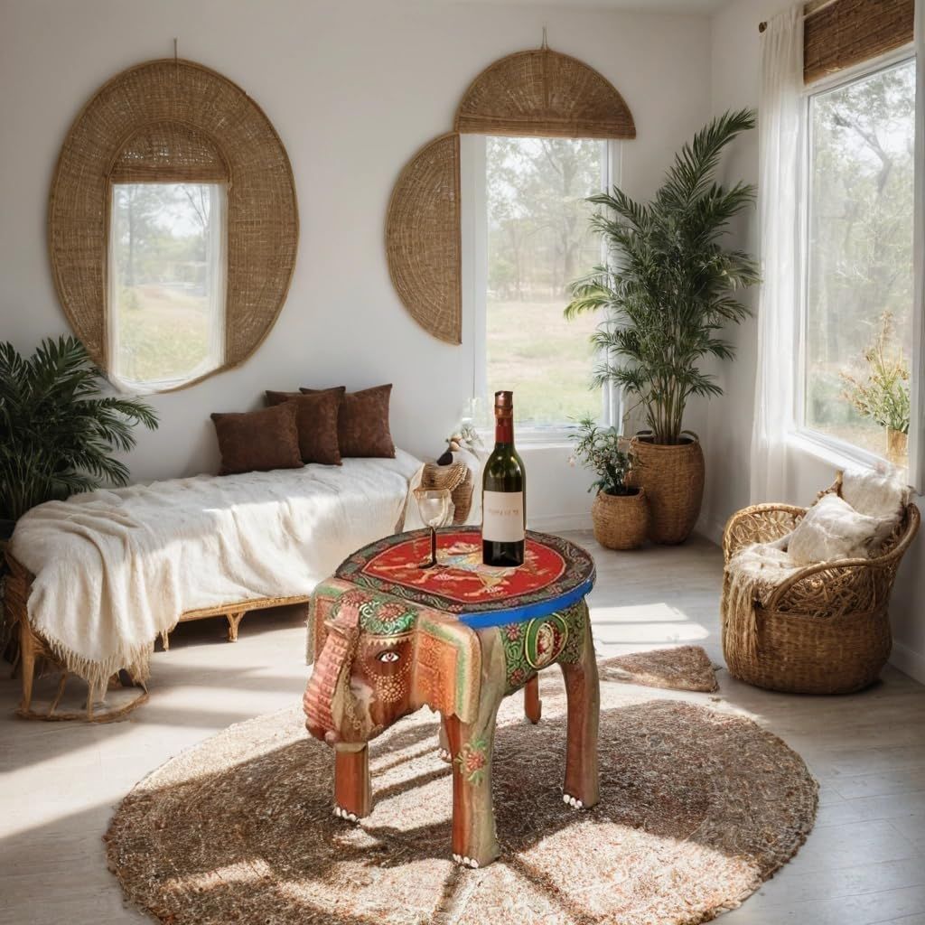 Dhola Maru Hand-Painted Wooden Elephant Stool Table, 35x 30 x 30 cm