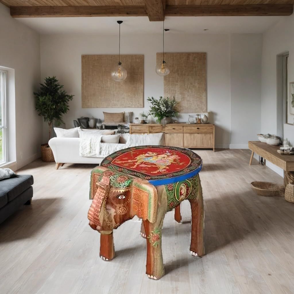 Dhola Maru Hand-Painted Wooden Elephant Stool Table, 35x 30 x 30 cm
