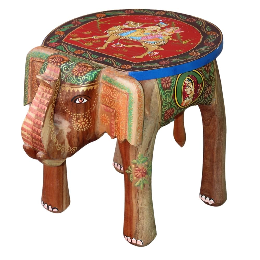 Dhola Maru Hand-Painted Wooden Elephant Stool Table, 35x 30 x 30 cm