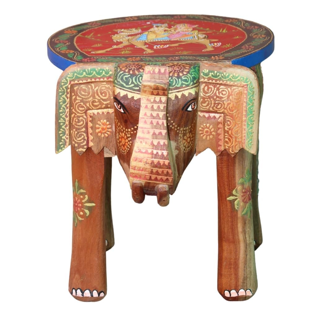 Dhola Maru Hand-Painted Wooden Elephant Stool Table, 35x 30 x 30 cm