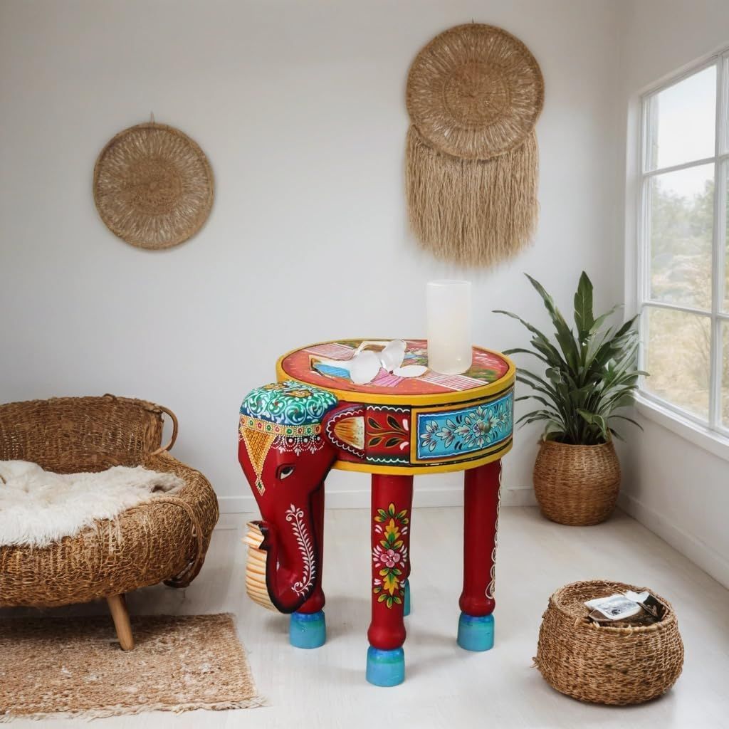 Raja Rani Hand-Painted Wooden Elephant Table with Drawer, 40 x 30 x40 cm