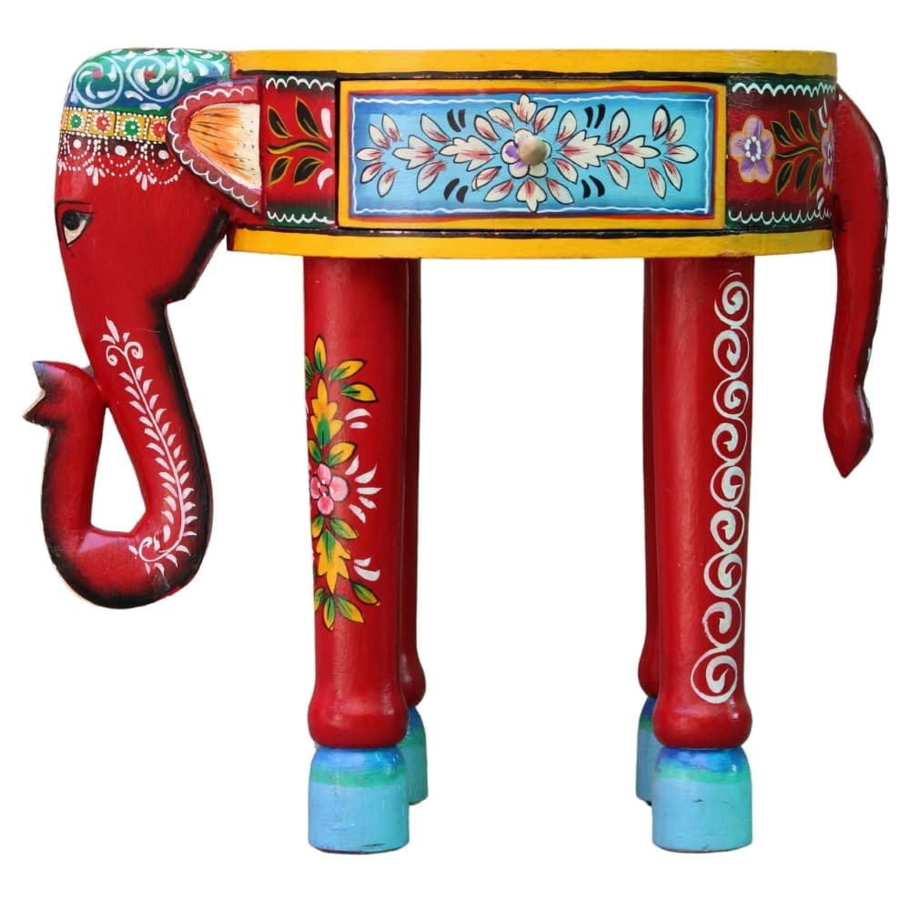 Raja Rani Hand-Painted Wooden Elephant Table with Drawer, 40 x 30 x40 cm