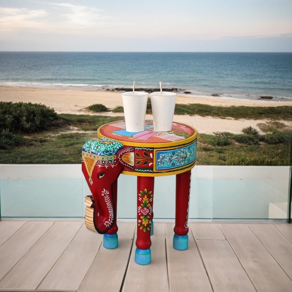 Raja Rani Hand-Painted Wooden Elephant Table with Drawer, 40 x 30 x40 cm