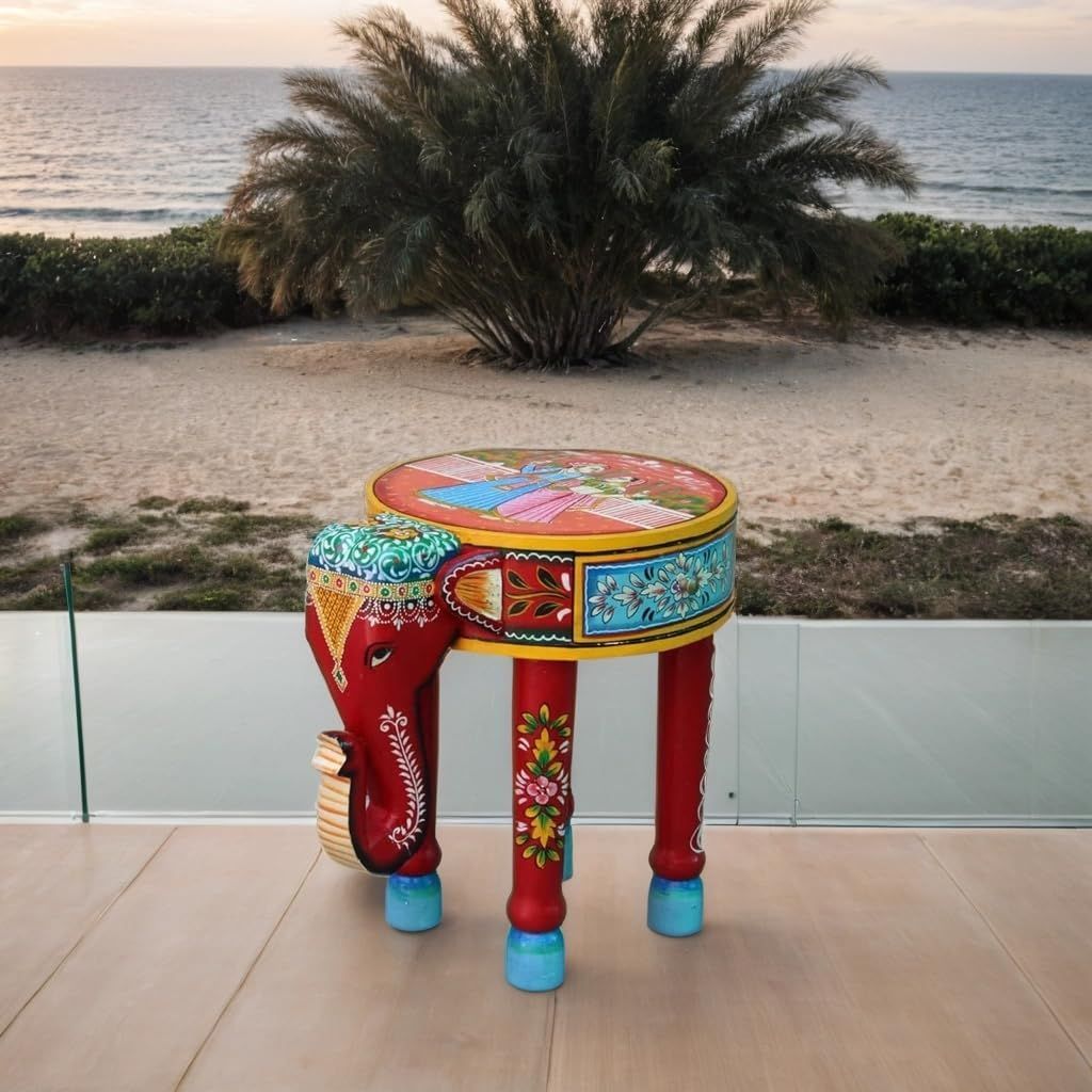 Raja Rani Hand-Painted Wooden Elephant Table with Drawer, 40 x 30 x40 cm