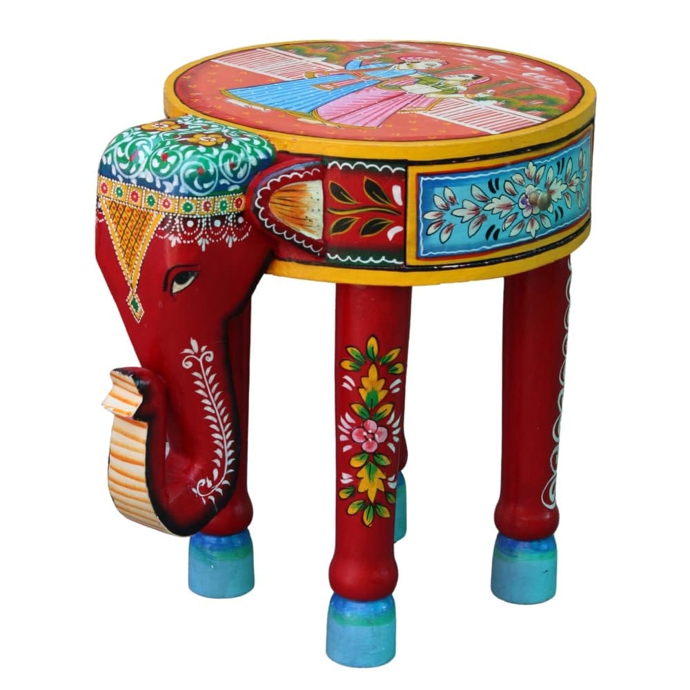 Raja Rani Hand-Painted Wooden Elephant Table with Drawer, 40 x 30 x40 cm