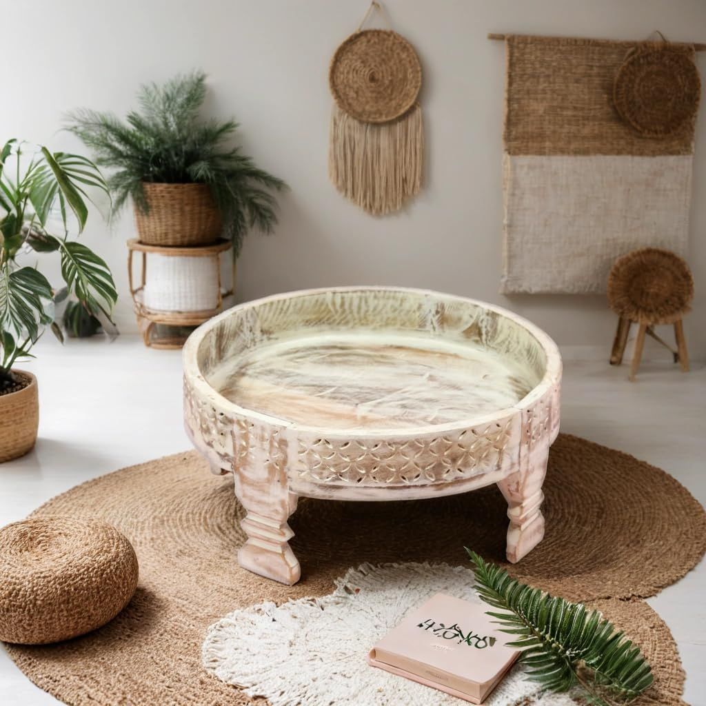 Wooden Chakki Round Table, White Wash, 45x45x20 cm Perfect for Home & Living Room Decor,Coffee & Snack Serving Table