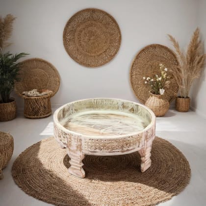 Wooden Chakki Round Table, White Wash, 45x45x20 cm Perfect for Home & Living Room Decor,Coffee & Snack Serving Table