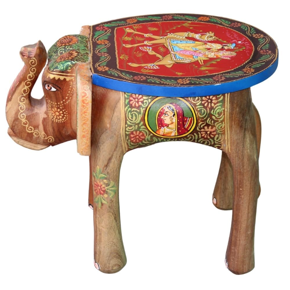 Dhola Maru Hand-Painted Wooden Elephant Stool Table, 35x 30 x 30 cm