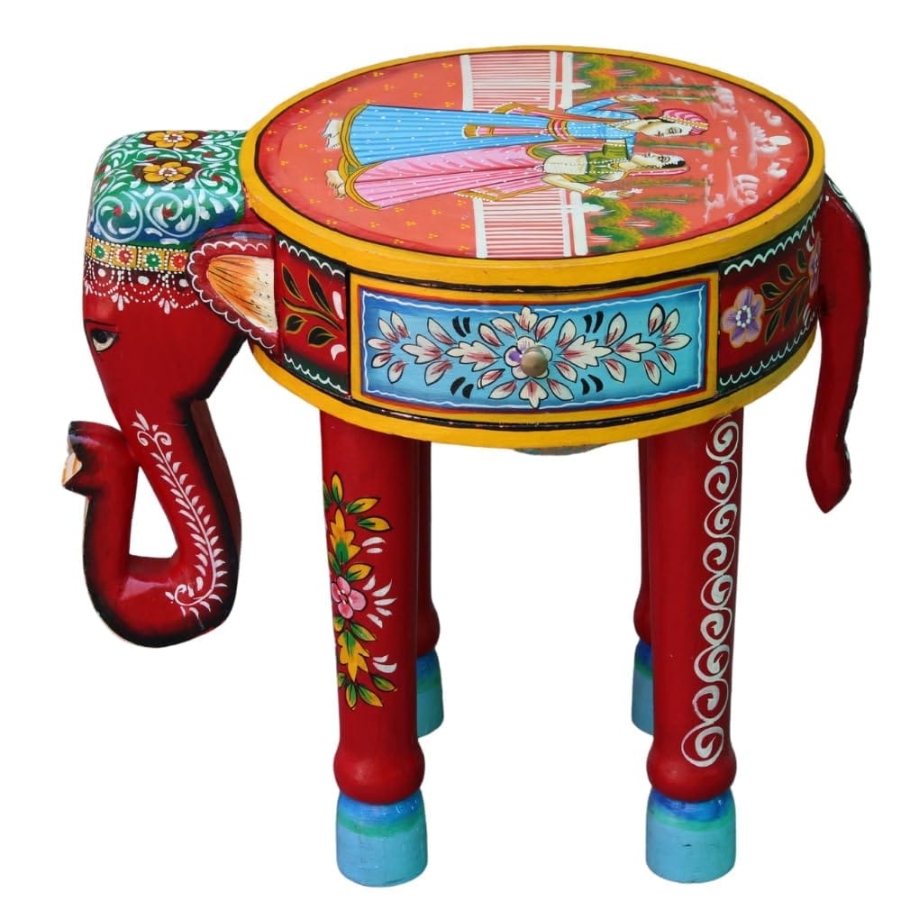 Raja Rani Hand-Painted Wooden Elephant Table with Drawer, 40 x 30 x40 cm