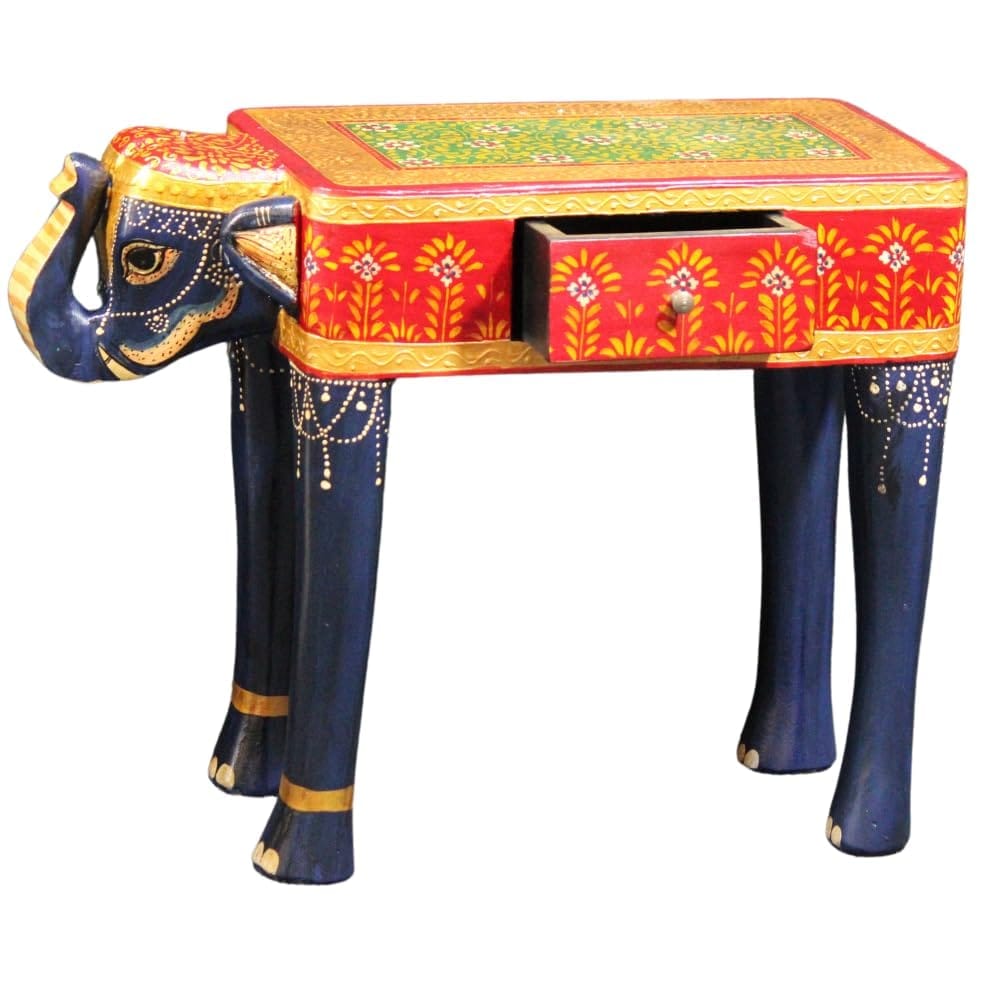 Hand-Painted Wooden Elephant Table with Drawer for Home & Office Decor