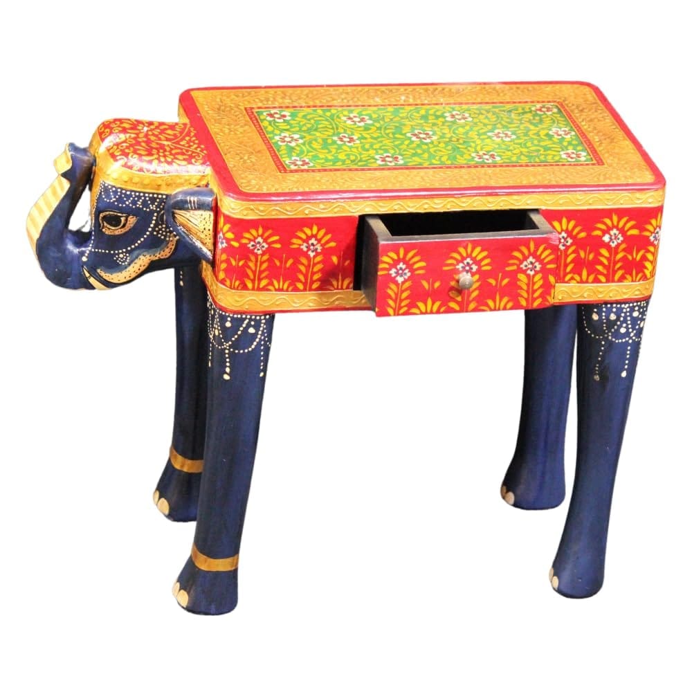 Hand-Painted Wooden Elephant Table with Drawer for Home & Office Decor