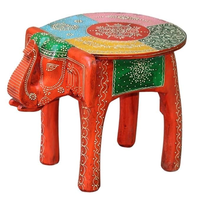 Hand-Painted Wooden Elephant Stool Table, Multicolour for Home Decor