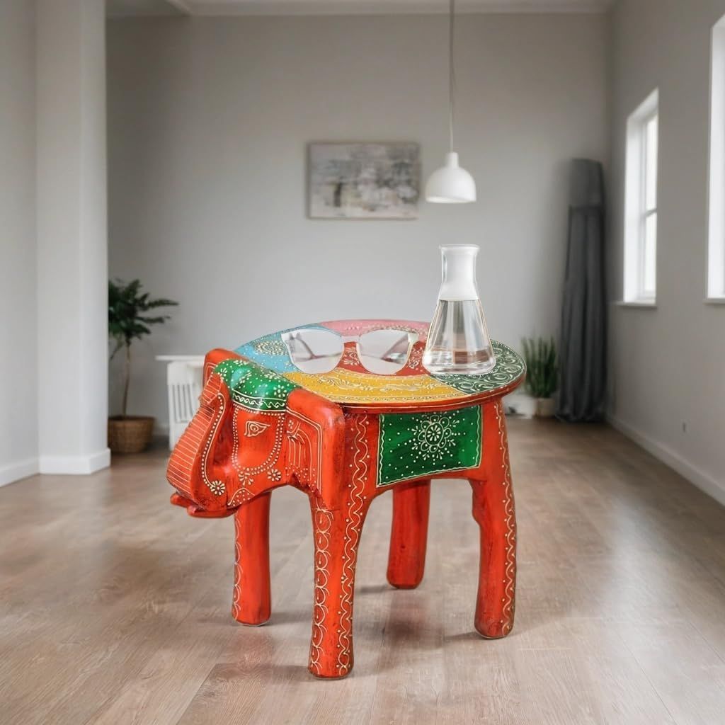 Hand-Painted Wooden Elephant Stool Table, Multicolour for Home Decor