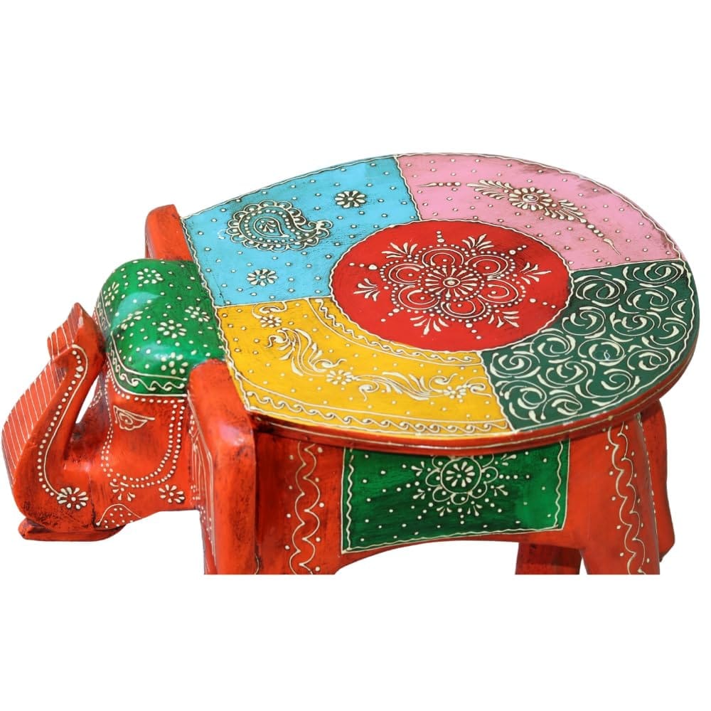 Hand-Painted Wooden Elephant Stool Table, Multicolour for Home Decor