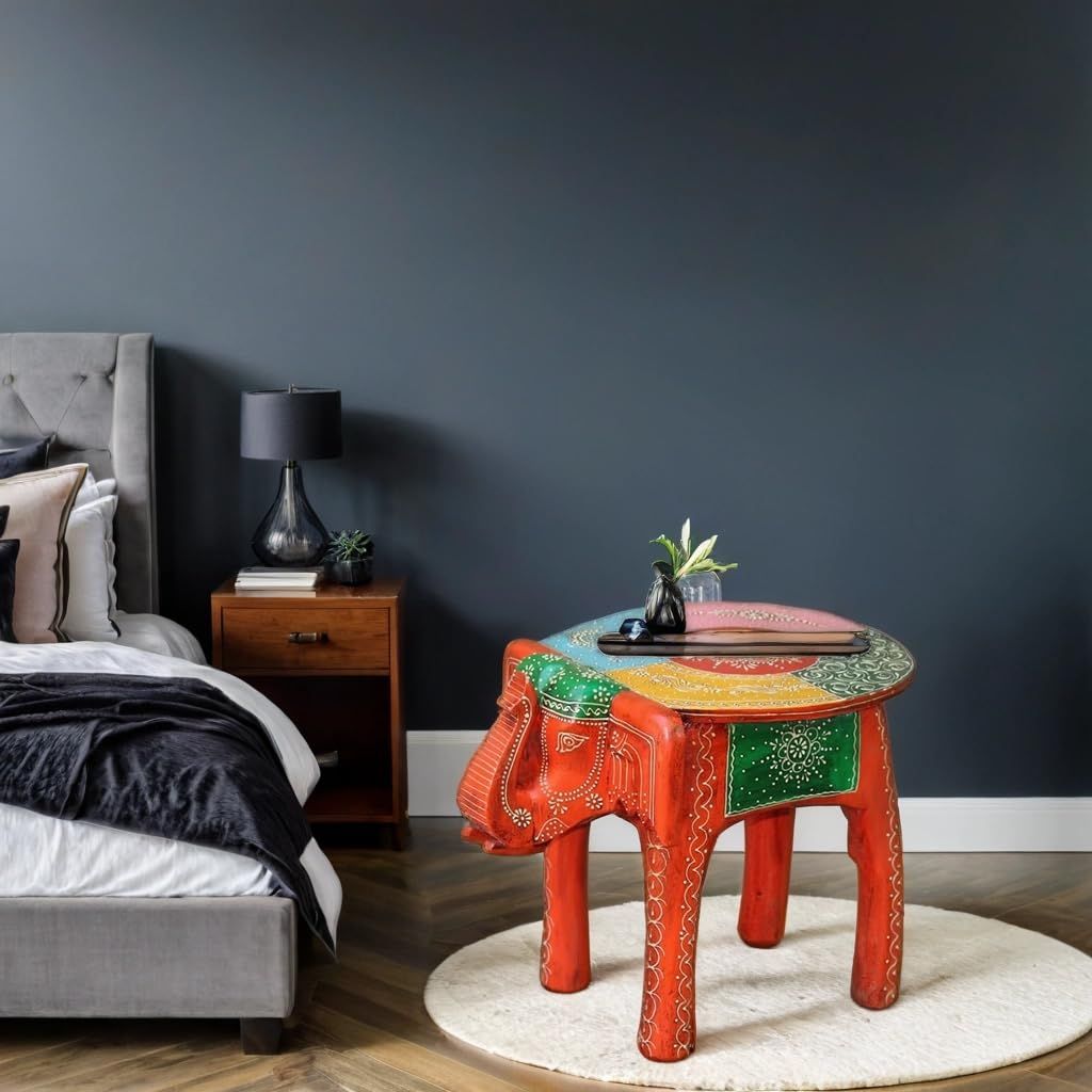 Hand-Painted Wooden Elephant Stool Table, Multicolour for Home Decor