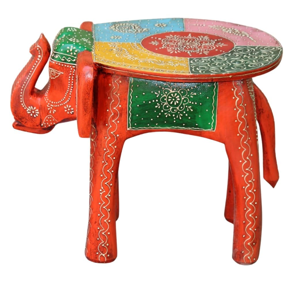 Hand-Painted Wooden Elephant Stool Table, Multicolour for Home Decor