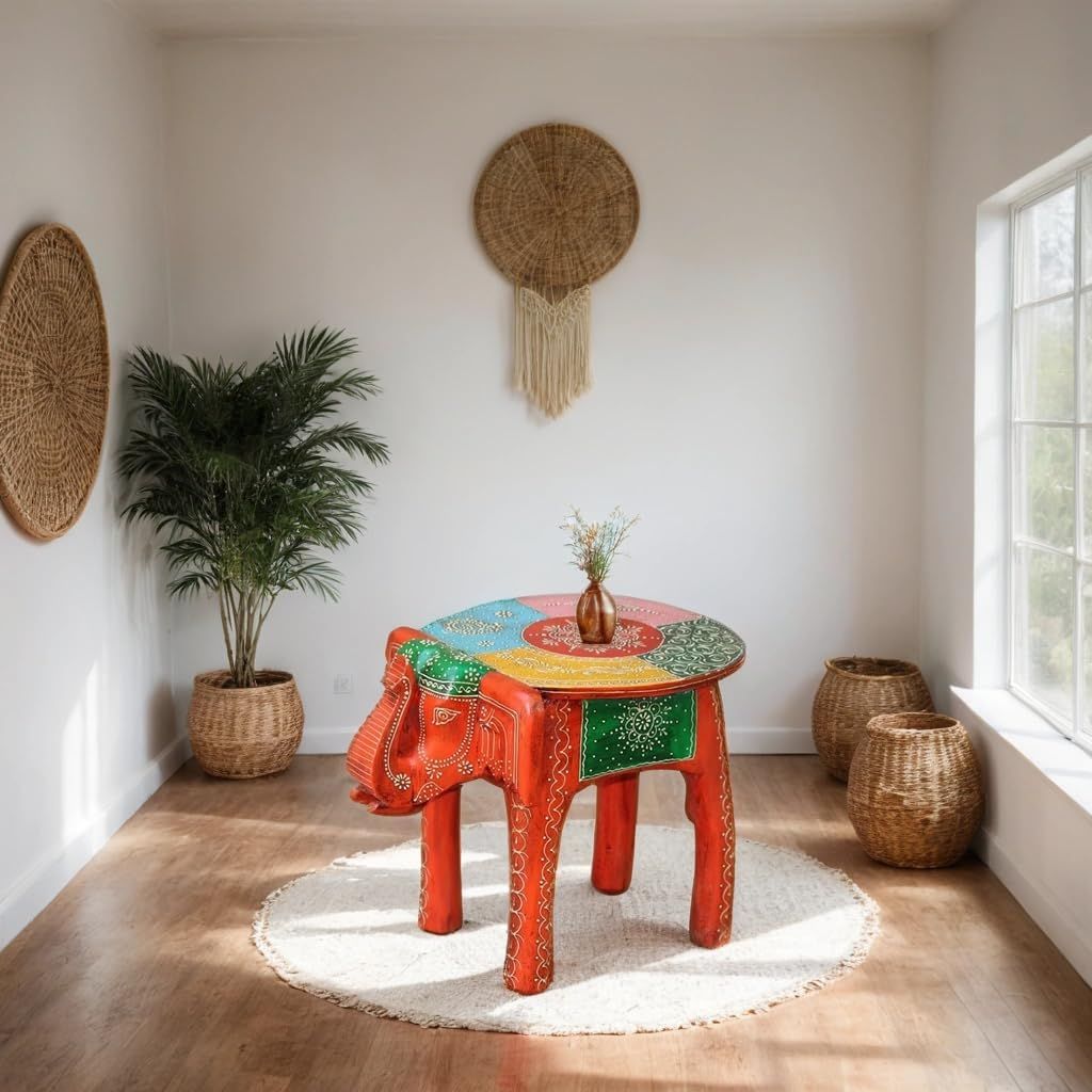 Hand-Painted Wooden Elephant Stool Table, Multicolour for Home Decor