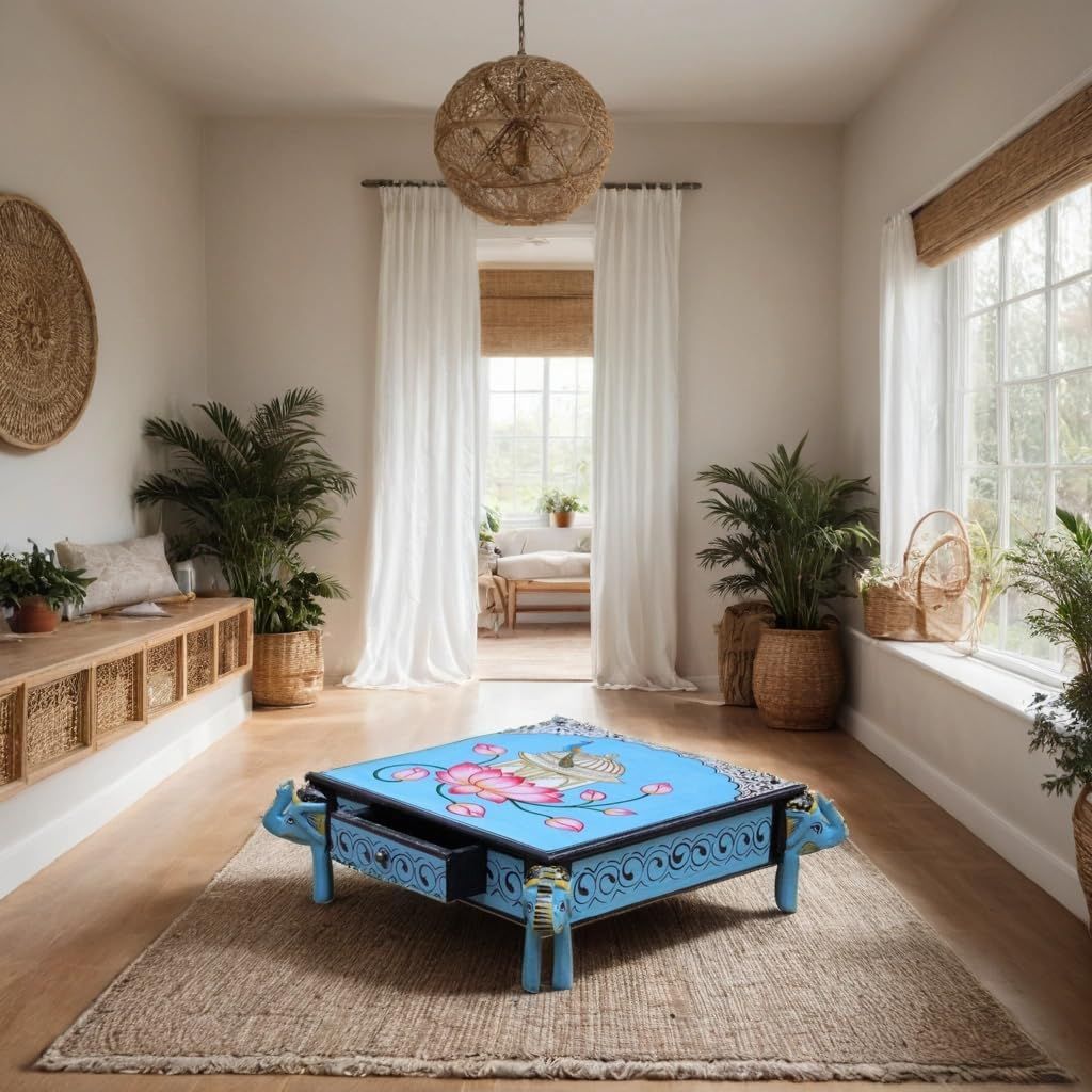 Hand-Painted Wooden Choki Bajot Table for Pooja Room, 47x47x14 cm, Elephant Legs, Peacock & Lotus Design