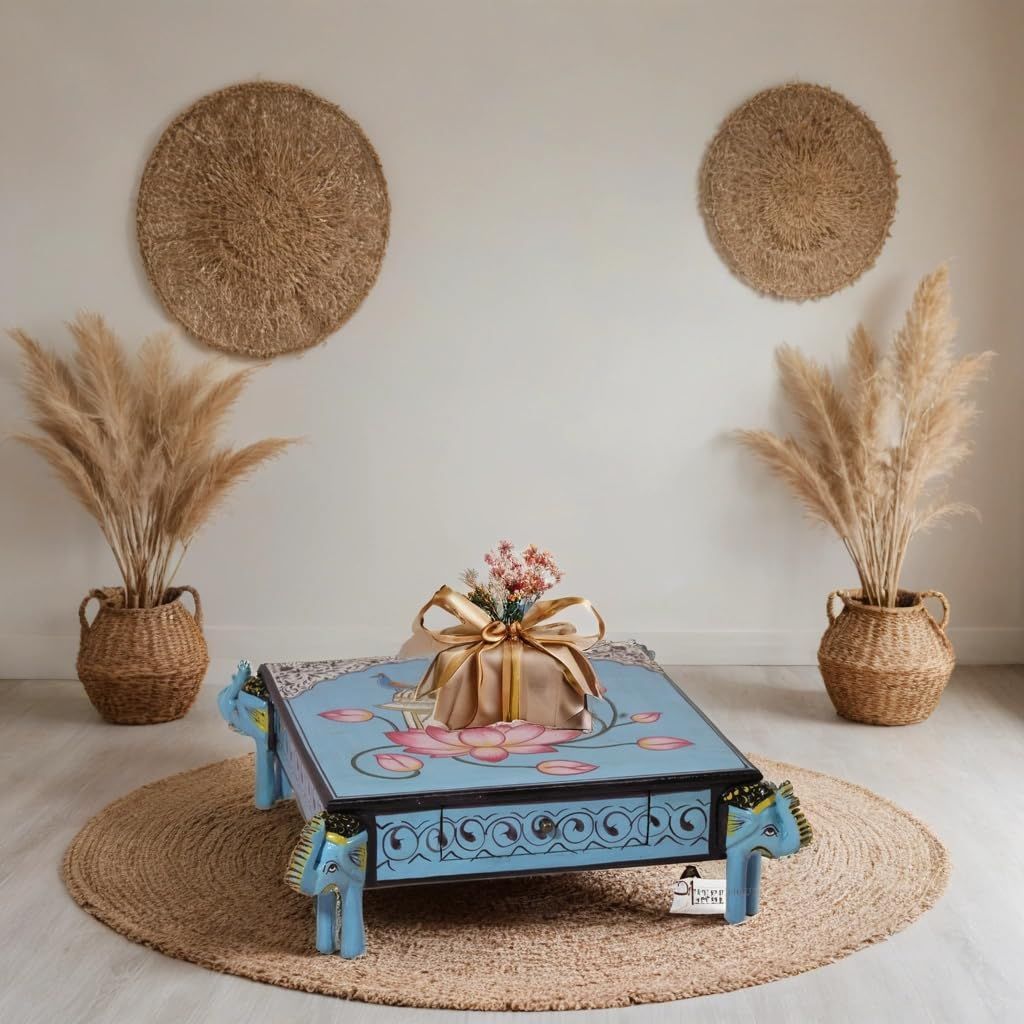 Hand-Painted Wooden Choki Bajot Table for Pooja Room, 47x47x14 cm, Elephant Legs, Peacock & Lotus Design