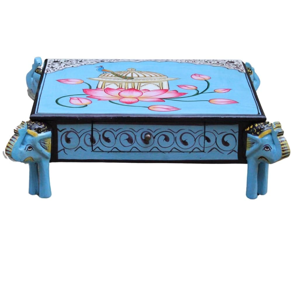 Hand-Painted Wooden Choki Bajot Table for Pooja Room, 47x47x14 cm, Elephant Legs, Peacock & Lotus Design