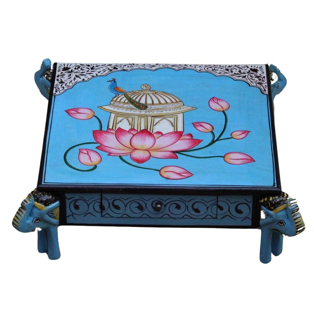 Hand-Painted Wooden Choki Bajot Table for Pooja Room, 47x47x14 cm, Elephant Legs, Peacock & Lotus Design