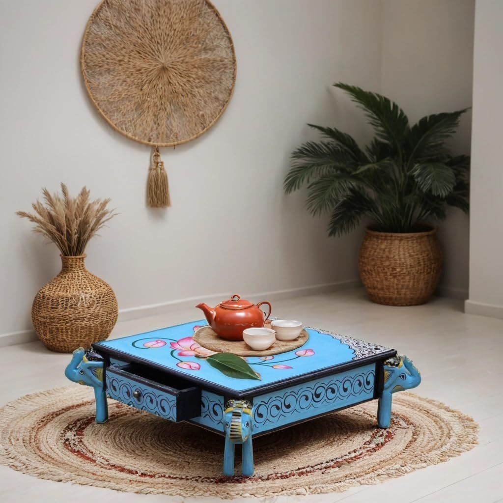 Hand-Painted Wooden Choki Bajot Table for Pooja Room, 47x47x14 cm, Elephant Legs, Peacock & Lotus Design
