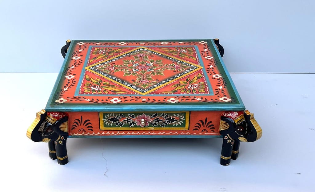 Handcrafted Wooden Elephant Choki Bajot Table with Brass Accents, (Multicolour)