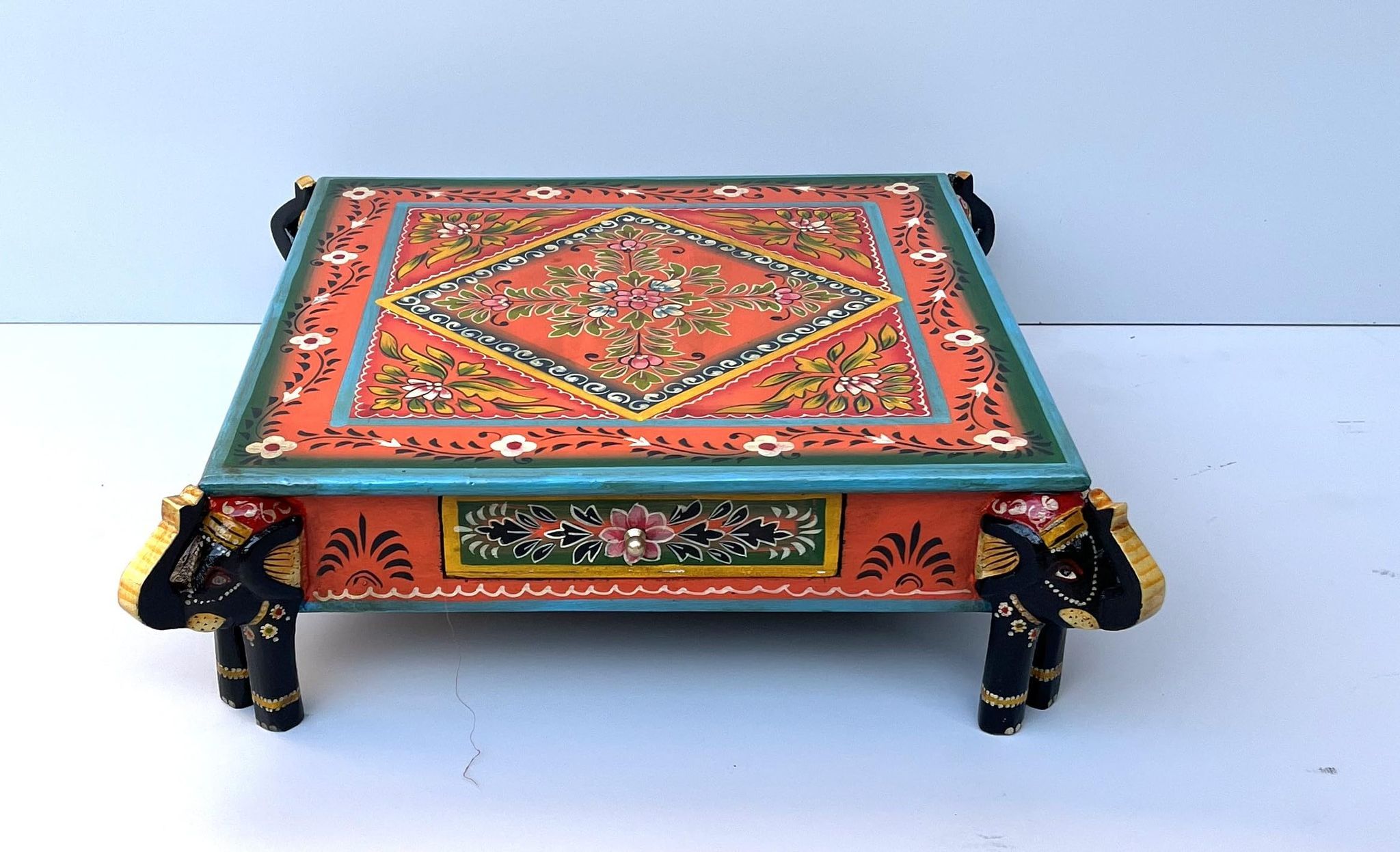 Handcrafted Wooden Elephant Choki Bajot Table with Brass Accents, (Multicolour)
